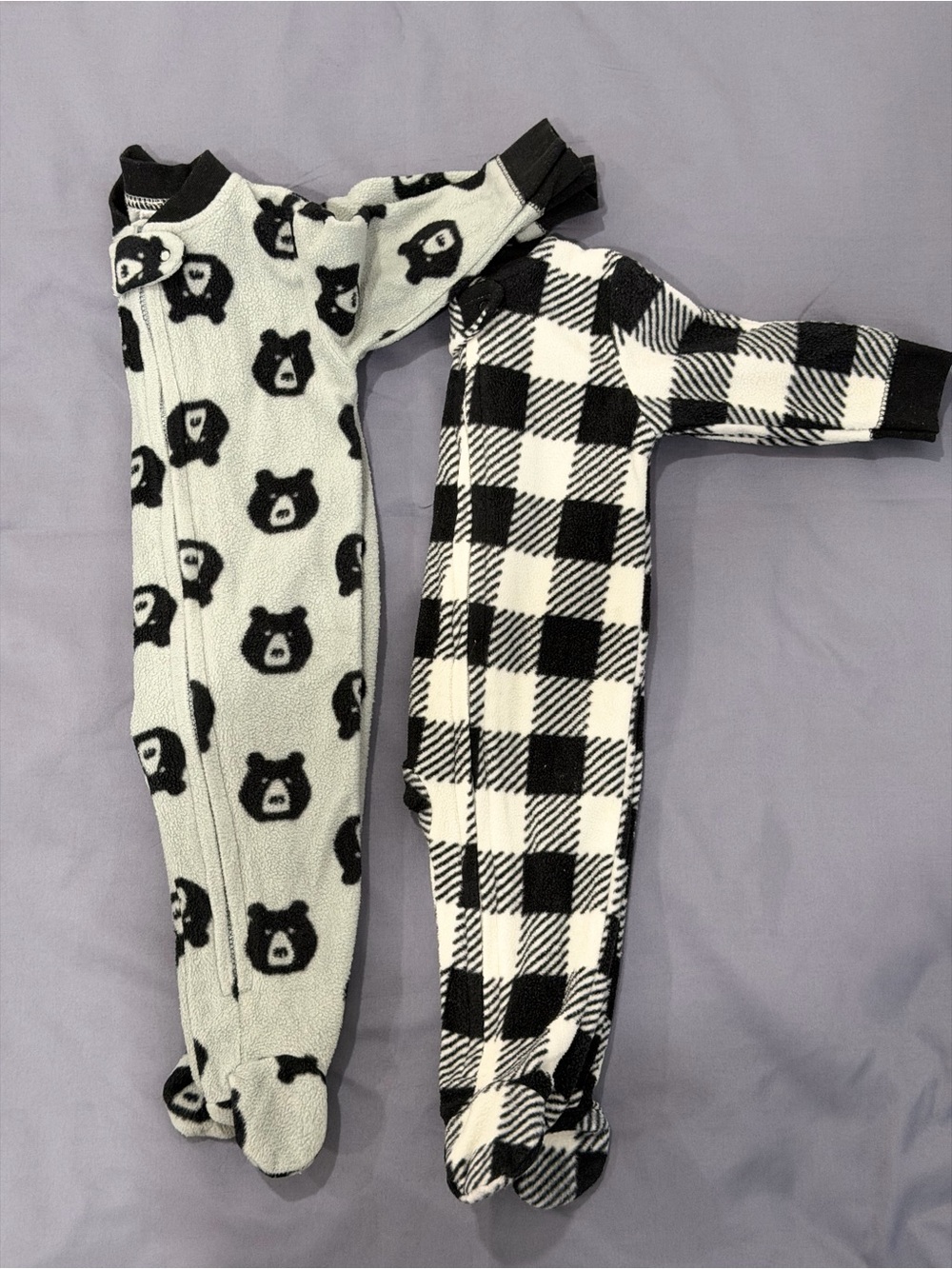 Kids Black & White Fleece Footed One-Piece Pajamas – Bear & Plaid Set